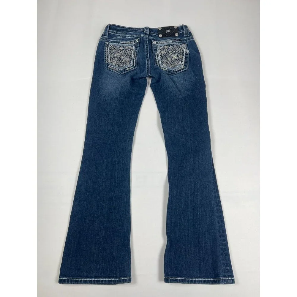 Miss Me Women 25X28.5 Signature Bootcut Jeans Blue Embellished Pocket - Picture 2 of 4